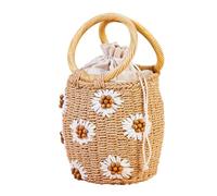 NIBD Borsa a secchiello in paglia con coulisse per spiaggia estiva con perle e fiori, H Cachi, 13cm/5"(Bottom diameter )x19cm/7.5"(height)