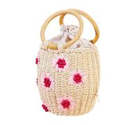 NIBD Borsa a secchiello in paglia con coulisse per spiaggia estiva con perle e fiori, J Beige, 13cm/5"(Bottom diameter )x19cm/7.5"(height)