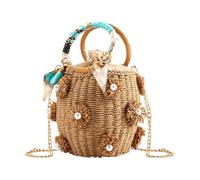 NIBD Borsa a secchiello in paglia con coulisse per spiaggia estiva con perle e fiori, K Fiore, 13cm/5"(Bottom diameter )x19cm/7.5"(height)