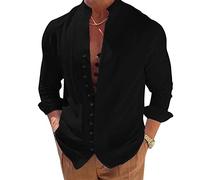 NIBESSER Camicia Lino Uomo Manica Lunga Camicia Uomo Elegante Estiva Camicia Casual Coreana Uomo con Bottoni Tinta Unita Traspirante per Mare Spiaggia Vacanza, Nero, M