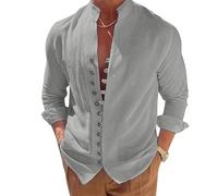 NIBESSER Camicia Lino Uomo Manica Lunga Camicia Uomo Elegante Estiva Camicia Casual Coreana Uomo con Bottoni Tinta Unita Traspirante per Mare Spiaggia Vacanza, Grigio, XXL