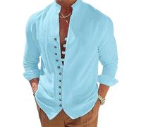 NIBESSER Camicia Lino Uomo Manica Lunga Camicia Uomo Elegante Estiva Camicia Casual Coreana Uomo con Bottoni Tinta Unita Traspirante per Mare Spiaggia Vacanza, Azzurro, L