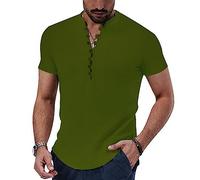 NIBESSER Camicia Lino Uomo Maniche Corte Camicia Uomo Elegante Estiva Camicia Coreana Uomo Casual con Bottoni Henley Shirt Tinta Unita Traspirante per Mare Spiaggia Vacanza, Verde, S