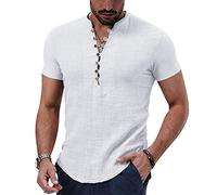 NIBESSER Camicia Lino Uomo Maniche Corte Camicia Uomo Elegante Estiva Maglietta Coreana Casual con Bottoni Henley Shirt Tinta Unita Traspirante per Mare Spiaggia Vacanza, Bianco, L