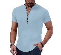 NIBESSER Camicia Lino Uomo Maniche Corte Elegante Estiva Camicia Coreana Uomo Casual con Bottoni Henley Shirt Traspirante Tinta Unita Celeste L