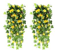 NIBESSER Fiori Finti Pendenti da Esterno Gloria Mattutina Fiori Artificiali Cadenti da Interno Pianta Finta per Decorazioni 2 Pezzi per Matrimonio Giardino Parete Balcone, Giallo