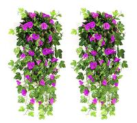 NIBESSER Fiori Finti Pendenti da Esterno Gloria Mattutina Fiori Artificiali Cadenti da Interno Pianta Finta per Decorazioni 2 Pezzi per Matrimonio Giardino Parete Balcone, Viola Rosso