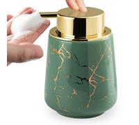 Niboow Dispenser di Sapone in Ceramica, 380ML Marmo Dispenser Ricaricabile per Lozioni Liquide, con Grande Testa Della Pompa, Dosatore Sapone per Bagno Shampoo, Portaspazzolino/Bicchiere, Verde