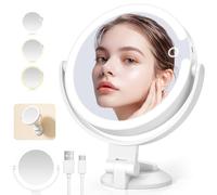 NIBSHOOM Specchio Trucco con Luci, LED Specchio Ingranditore 1X/10X, 3 Colori Specchio con Luci Make up Dimmerabile, Altezza Regolabile, Specchio Doccia con Ventosa per Bagno, 7 Pollici