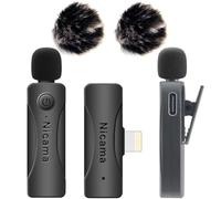 Nicama AS12 Microfono Lavalier senza fili con 2 Trasmettitori e 2 Parabrezza Muff per iPhone 6 7 8 9 10 11 12 13 14 iPad outube Podcast Facebook Vlogging Registrazione Video