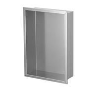 Nicchia da doccia in acciaio inox con mensole da parete senza piastrelle, installazione da piano di lavoro, design moderno color argento, soluzione salvaspazio