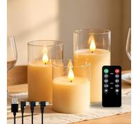 NICE POINT Candela senza fiamma a LED, candela in vera cera ricaricabile con telecomando e timer, candele elettroniche in vetro bianco trasparente per la decorazione della casa, confezione da 3