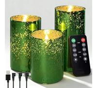 NICE POINT Candele a LED con funzione timer e telecomando, candele in vera cera ricaricabili USB, set da 3 pezzi, verde, fiamma tremolante, 55-100 ore, durata per Natale, camera da letto