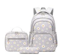 NICECY Il set zaino per studenti include una borsa per il pranzo e un astuccio adatto agli adolescenti come zaino da viaggio leggero(Margherita-grigio)