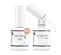 Nicedeco Colla Gel Unghie per Tip UV e Top Coat, Colla per Unghie Finte Extra Forte 6 in 1 Nail Glue Gel No Wipe Top Coat Semipermanente Lampada UV Necessaria 2 x 15ml
