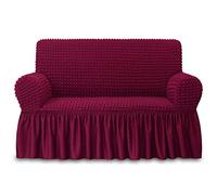 NICEEC Loveseat Slipcover Red Loveseat Cover 1 Piece Easy Fitted Sofa Couch Cover Universal High Stretch Durable Furniture Protector Love Seat with Skirt Country Style (2 Seater Wine Red)