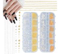 NICENEEDED 2 Scatola 12 Strisce Catene per Nail Art Perline In Metallo per Nail Art, Gioielli con Unghie In Oro e Argento e Catene, Piccole Gemme Rotonde A Forma di Mini Sfera per Manicure Fai Da Te