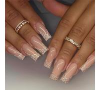 NICENEEDED 24 PCS French Tip Press Sulle Unghie, Unghie Finte con Paillettes A Bara, Unghie Acriliche con Bordo Dorato Glitter con Copertura Completa Stick Sulle Unghie