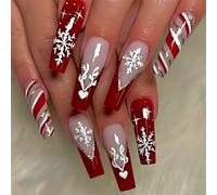 NICENEEDED 24 pz Christmas French Press On Nails, Unghie Finte Quadrate Lunghe, Unghie Finte Bara Rossa e Bianca Unghie Acriliche per Manicure Natalizia