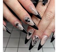 NICENEEDED 24 PZ French Tip Press On Nails, Unghie Finte Lunghe A Mandorla Unghie Finte A Cuore Nero, Unghie Artificiali Riutilizzabili
