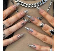 NICENEEDED 24 pz French Tips Press On Nails, Unghie Finte A Mandorla Argentata Unghie Finte, Unghie Adesive A Copertura Totale con Colla Acrilica Sulle Unghie