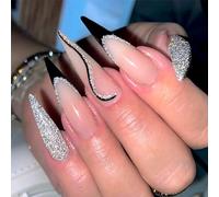 NICENEEDED 24 PZ Tacchi A Spillo Glitter Argento Presse Sulle Unghie, Unghie Finte con Punta Francese Lunga, Unghie Finte, Punte per Unghie A Copertura Totale, Incollate Sulle Unghie