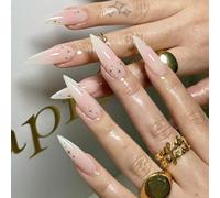 NICENEEDED 24 unghie finte lunghe a stiletto, unghia finta in acrilico rosa sfumato con disegni a stella dorata, unghie a mandorla, copertura completa, unghie adesive per donne