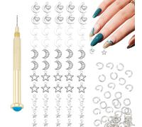 NICENEEDED 60 pz. Ciondoli Pendenti per Nail Art, Ciondoli per Unghie In Argento A Forma di Stella e Luna 3D, Anelli per Unghie In Lega di Zinco Argentata con Strumento per Piercing