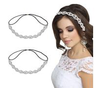 NICENEEDED Fascia Elastica con Strass Da 2 pezzo, Fascia per Capelli Elasticizzata con Cristalli, Tiara per Copricapo Sulla Fronte A Strati con Catena A Testa Ondulata Scintillante