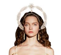 NICENEEDED Fascia per Capelli Halo Crown Mary Goddess, Copricapo d'oro Tiara Solare, Copricapo da Sposa Queen Crown Sunburst Copricapo da Sposa con Foglia Dorata