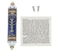 NICENEEDED Mezuzah Dipinta A Mano, Articolo di Benedizione per L'Inaugurazione della Casa in Cristallo Blu, Placca Mezuzah Smaltata Nera e Oro Ebraica