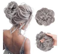 NICENEEDED Pezzo di Capelli per Chignon Grigio Disordinato, Chignon Sintetico Naturale Spettinato con Elastico in Gomma per Donna, Scrunchies Ricci e Ondulati