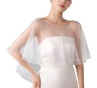 NICENEEDED Scialle da Sposa con Perle e Strass, Mantella da Sera in Tulle Trasparente da Donna Bianca