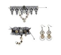NICENEEDED Set di Gioielli Punk Vintage da 6 Pezzo, Bracciale con Collana con Orecchini in Lega di Pizzo, Decorazioni per Costumi di Halloween con Gioielli Gotici per Feste