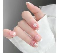 NICENEEDED White French Tip Press Sulle Unghie, Unghie Finte con Fiori di Ciliegio Rosa, Unghie Finte Quadrate Corte con Colla per Unghie Acrilico Artificiale Francese A Copertura Totale Stick Sulle U
