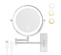 Nicesail Specchio da parete per cosmetici con illuminazione e ingrandimento 10x - Ricaricabile - Luce a 3 colori - Luminosità regolabile - Controllo touch - Cromo - Specchio da bagno a ingrandimento