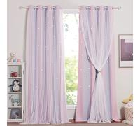 NICETOWN Tenda per camera da letto e ragazza, con tende oscuranti e bianche per decorare la camera dei bambini, motivo stelle con occhielli, L 132 x H 240 cm, rosa + viola, 2 pezzi