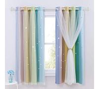 NICETOWN Tenda per camera da letto e ragazza, tenda oscurante per bambini, con tenda a doppio strato, motivo stelle perforate, tendaggi con bianco velo, L 132 x H 160 cm, arcobaleno chiaro, 2 pezzi
