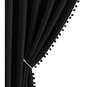 NICETOWN Tende oscuranti a 2 pannelli, con tasca per asta, colore nero corvino con pompon, tende isolate termicamente in stile bohémien, per sala giochi, cucina, stanza dei bambini, 106,7 cm di