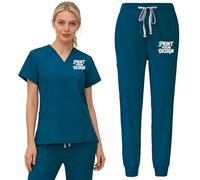 Nicevhljac Set da donna con scollo a V, top e pantaloni, personalizzabile con il tuo logo, divisa da infermiera, con tasche, Blu, XXL