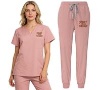 Nicevhljac Set da donna con scollo a V, top e pantaloni, personalizzabile con il tuo logo, divisa da infermiera, con tasche, rosa, M
