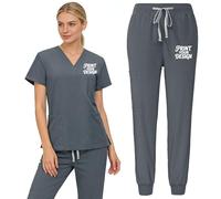 Nicevhljac Set da donna con scollo a V, top e pantaloni, personalizzabile con il tuo logo, divisa da infermiera, con tasche, Grigio, M