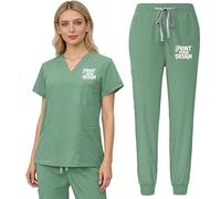 Nicevhljac Set da donna con scollo a V, top e pantaloni, personalizzabile con il tuo logo, divisa da infermiera, con tasche, Verde, XL