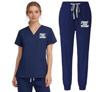 Nicevhljac Set da donna con scollo a V, top e pantaloni, personalizzabile con il tuo logo, divisa da infermiera, con tasche, blu navy, S