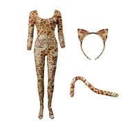 NICEYEA Body sexy da donna con stampa leopardata, copricapo e coda leopardata, maniche lunghe, tessuto elasticizzato attillato, perfetto per feste, discoteche ed eventi in costume