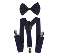 NiceYnn 2,5 cm Bretelle e papillon pre-annodato 9 cm per bambini 1-9 anni 3 clip lunghezza regolabile 60 cm elastico, S: Blu marino, Taglia unica