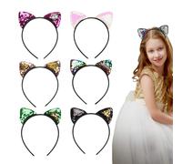 NiceYnn 6 cerchietti reversibili con orecchie di gatto con paillettes luccicanti fasce per capelli con glitter carino e brillante cerchietto in metallo per cosplay, accessori per donne e ragazze,