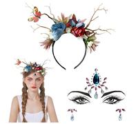 NiceYnn Cerchietto per capelli in corno di cervo retrò, corona di fiori, gemme per il viso, glitter, renna, fiore simulato, farfalla, accessorio per capelli floreale, accessorio per capelli per