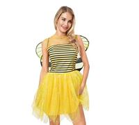 Niceyoeuk Costume da fata per Halloween, da donna, per cosplay, con paillettes, abito a tutù in tulle multistrato con ali (giallo, S)