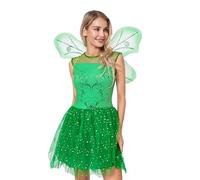 Niceyoeuk Costume da fata per Halloween, da donna, per cosplay, con paillettes, vestito a più strati in tulle con tutù con ali (verde, XS)